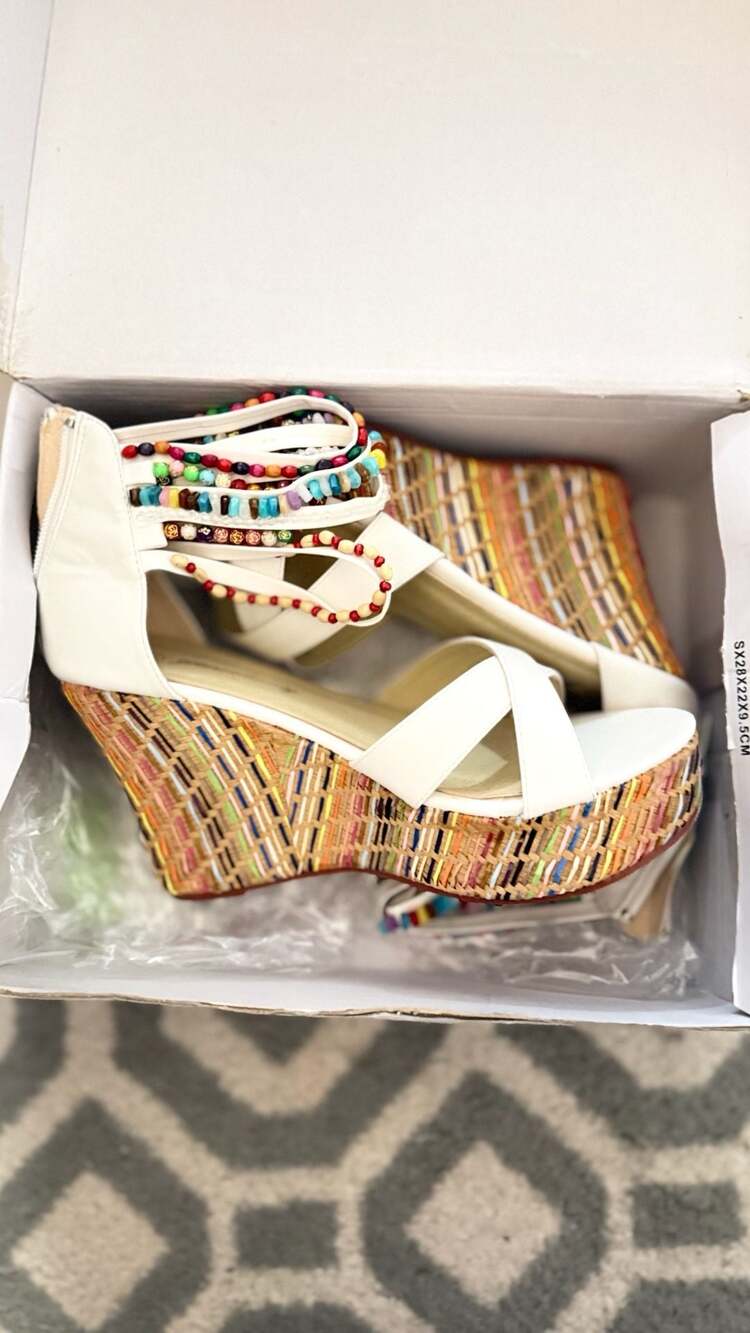 Getmorebeauty Women's White Wedge Sandals with Bohemian Beaded Ankle Straps